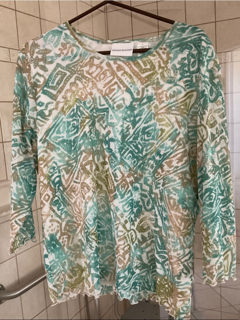 Alfred Dunner Mint Green, Tan & White Abstract Print Long Sleeve Top